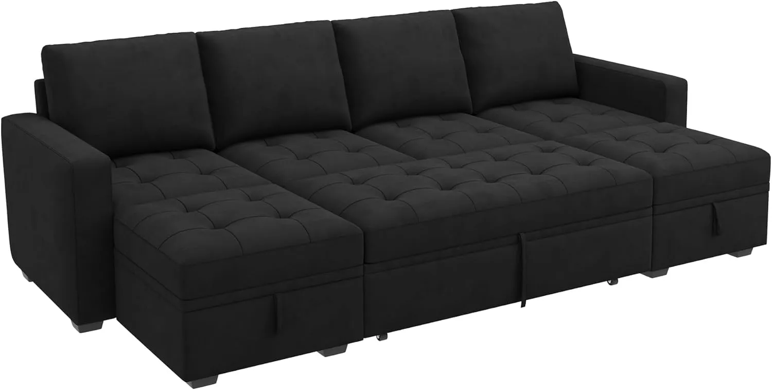 HONBAY Modular Sectional Sleeper Sofa with Pull Out Bed, Velvet Convertible L Shaped Couch with Storage Seat, Sectional Couches for Living Room, Black