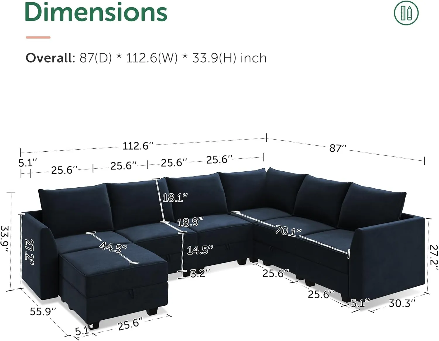 HONBAY Sectional Sofa Velvet U Shaped Couch with Storage Oversized Modular Sectional Sofa Couch for Living Room, Dark Blue