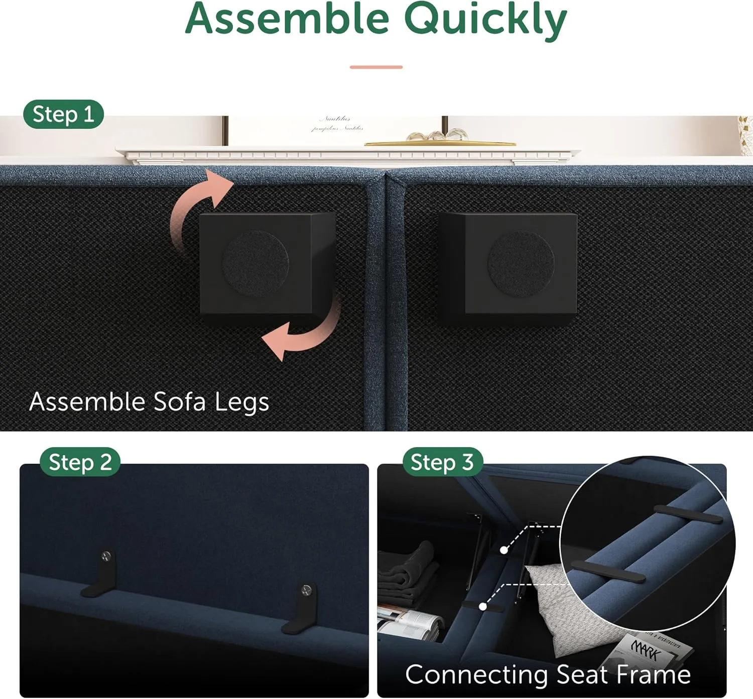 HONBAY Sectional Sofa Velvet U Shaped Couch with Storage Oversized Modular Sectional Sofa Couch for Living Room, Dark Blue