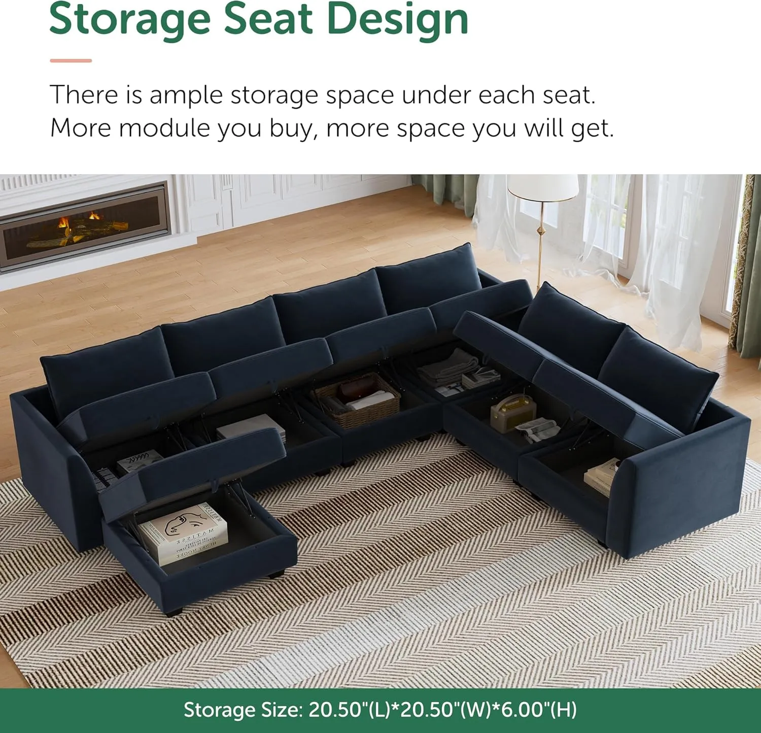 HONBAY Sectional Sofa Velvet U Shaped Couch with Storage Oversized Modular Sectional Sofa Couch for Living Room, Dark Blue
