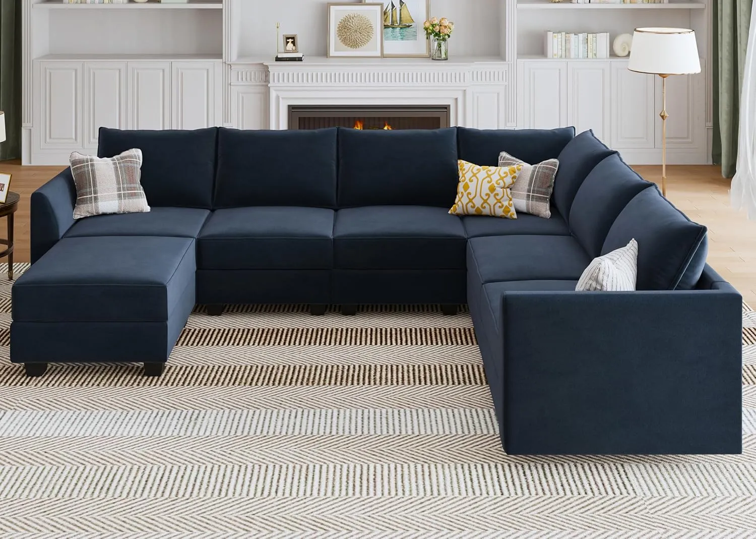 HONBAY Sectional Sofa Velvet U Shaped Couch with Storage Oversized Modular Sectional Sofa Couch for Living Room, Dark Blue