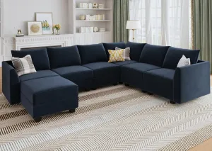 HONBAY Sectional Sofa Velvet U Shaped Couch with Storage Oversized Modular Sectional Sofa Couch for Living Room, Dark Blue