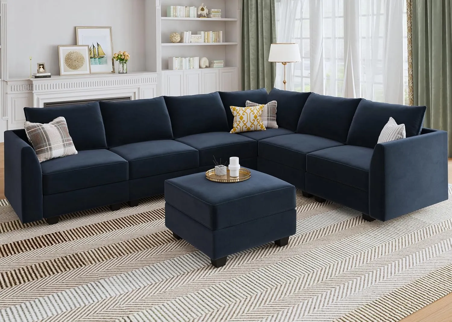 HONBAY Sectional Sofa Velvet U Shaped Couch with Storage Oversized Modular Sectional Sofa Couch for Living Room, Dark Blue