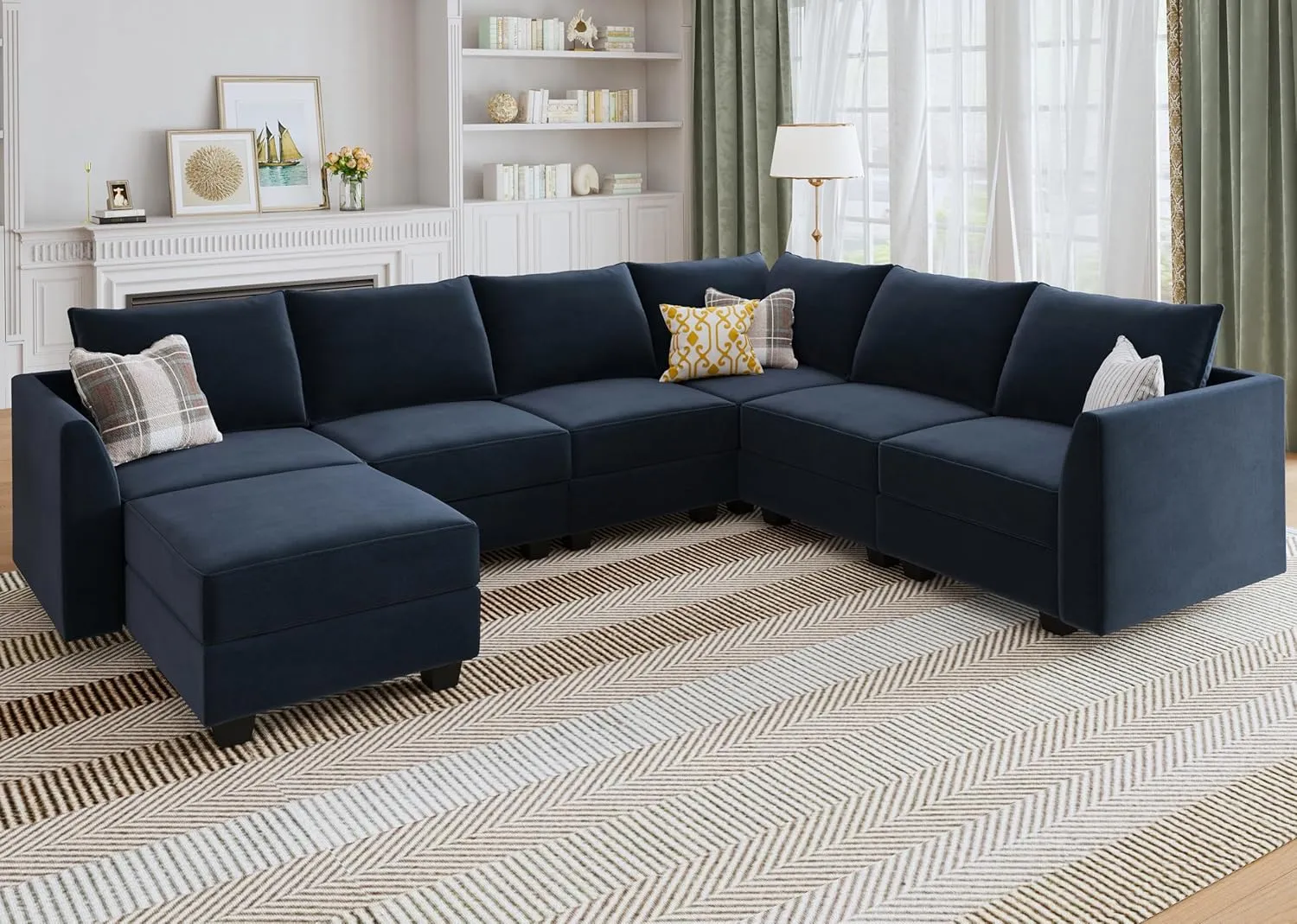 HONBAY Sectional Sofa Velvet U Shaped Couch with Storage Oversized Modular Sectional Sofa Couch for Living Room, Dark Blue
