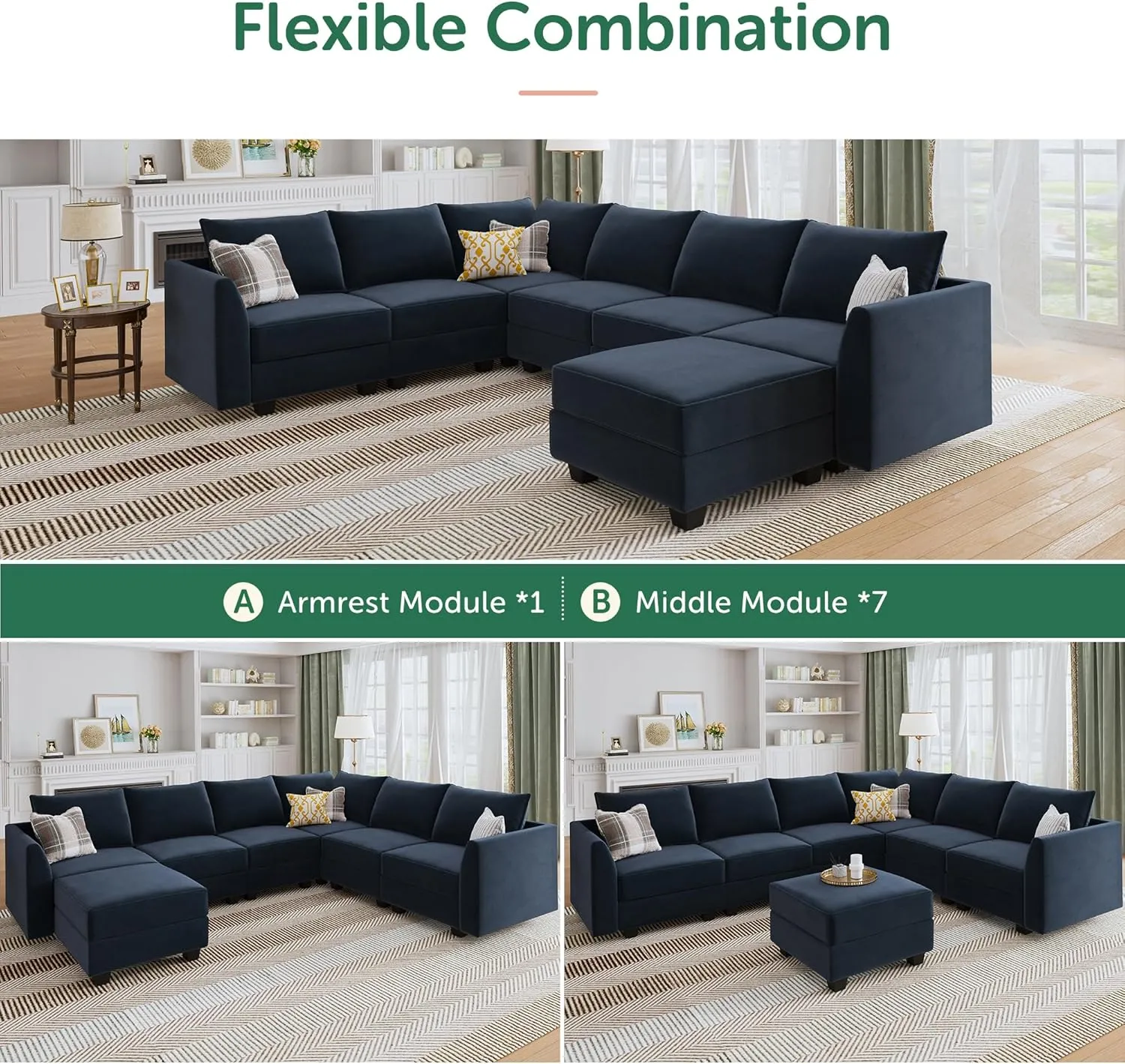 HONBAY Sectional Sofa Velvet U Shaped Couch with Storage Oversized Modular Sectional Sofa Couch for Living Room, Dark Blue