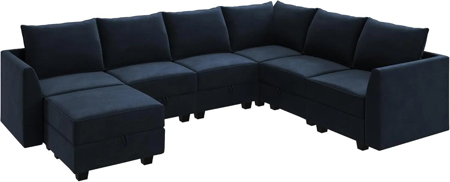 HONBAY Sectional Sofa Velvet U Shaped Couch with Storage Oversized Modular Sectional Sofa Couch for Living Room, Dark Blue