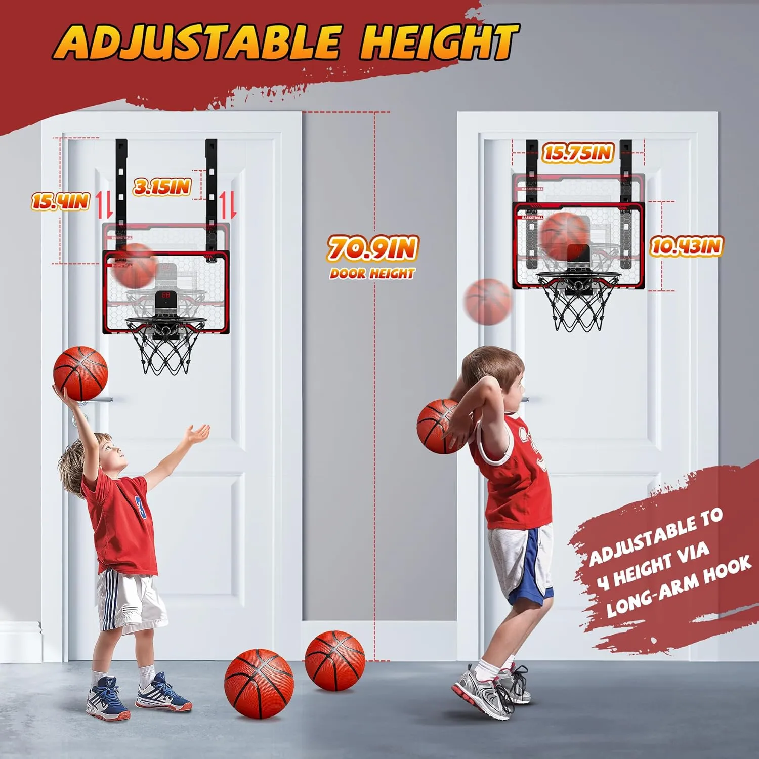 HopeRock Indoor Basketball Hoop Toys for Kids, Adjustable Height Basketball Hoop Over The Door, Mini Hoops with Scoreboard, Basketball Toys Christmas Birthday Gifts for Boys