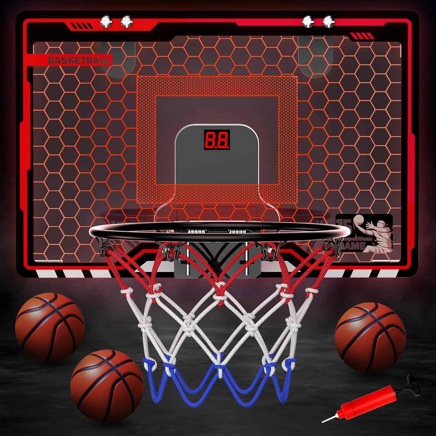 HopeRock Indoor Basketball Hoop, Over The Door Mini Basketball Hoops for Kids, with LED Light and Scoreboard, Birthday Gifts for 5 6 7 8 9 10 11 12 Years Old Boys Girls, Sports Toys