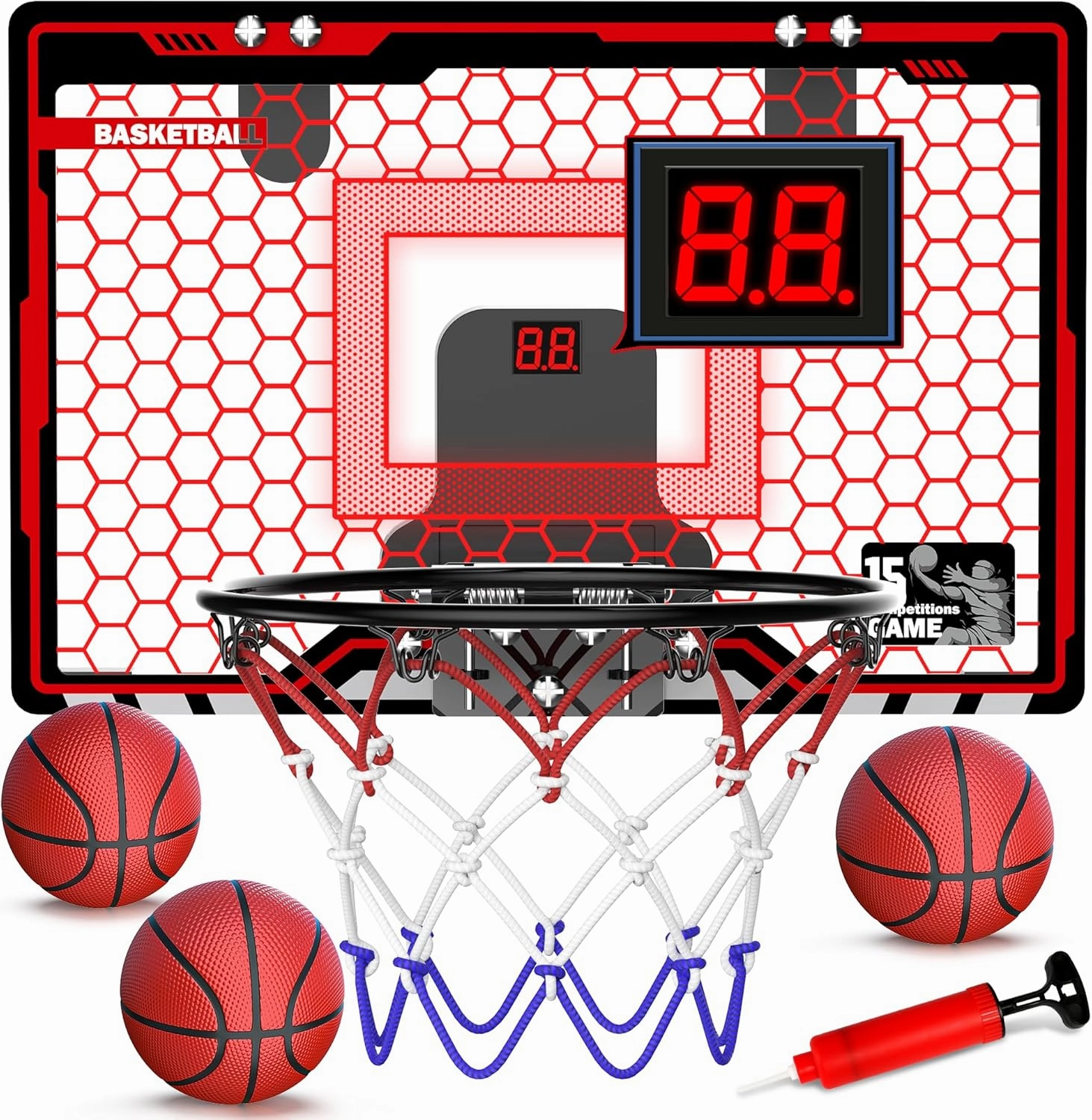 HopeRock Indoor Basketball Hoop, Over The Door Mini Basketball Hoops for Kids, with LED Light and Scoreboard, Birthday Gifts for 5 6 7 8 9 10 11 12 Years Old Boys Girls, Sports Toys