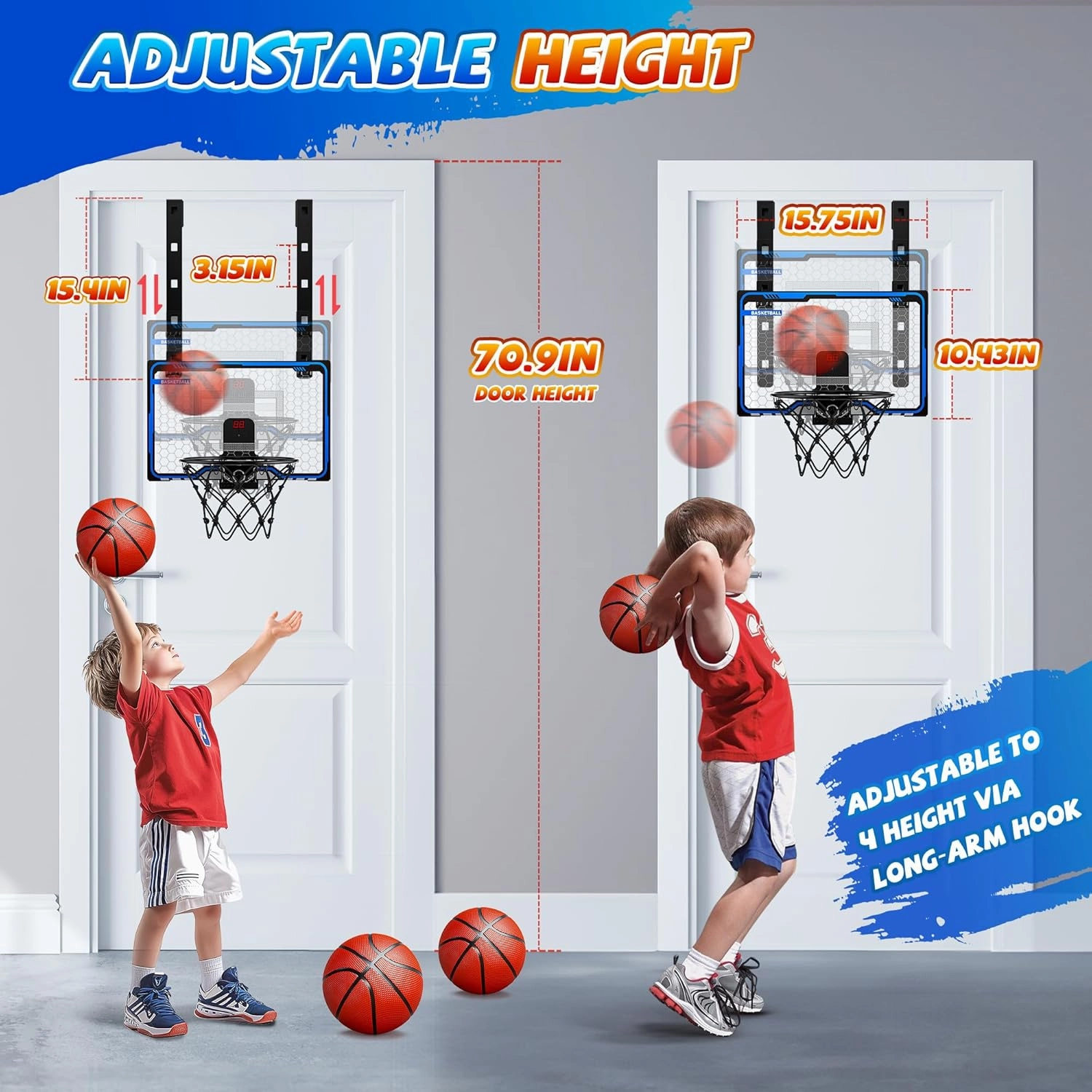 HopeRock Indoor Basketball Hoop Toys for Kids, Adjustable Height Basketball Hoop Over The Door, Mini Hoops with Scoreboard, Basketball Toys Christmas Birthday Gifts for Boys Age 4 5 6 7 8 9 10 11 12 