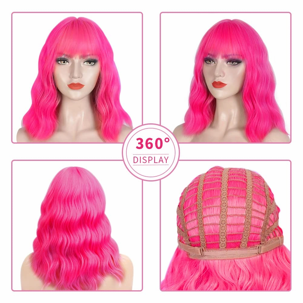 Hot Pink Wig and Sunglasses Set - 15 Inch Wavy Wig With Bangs - Heat Resistant Shoulder Length Curly Bob Wigs for Women - Bachelorette Party Costume Cosplay(Hot Pink)