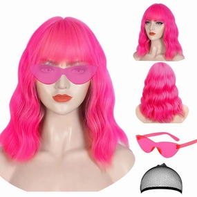 Hot Pink Wig and Sunglasses Set - 15 Inch Wavy Wig With Bangs - Heat Resistant Shoulder Length Curly Bob Wigs for Women - Bachelorette Party Costume Cosplay(Hot Pink)