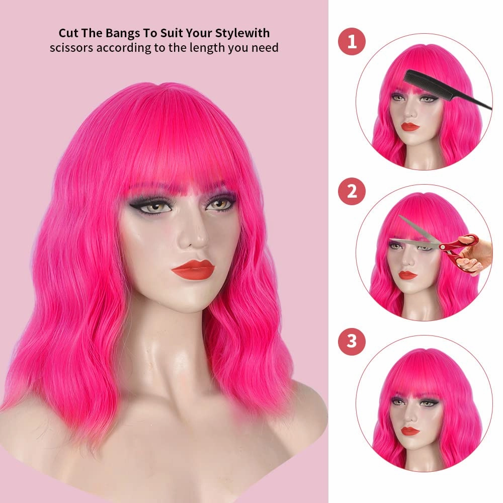 Hot Pink Wig and Sunglasses Set - 15 Inch Wavy Wig With Bangs - Heat Resistant Shoulder Length Curly Bob Wigs for Women - Bachelorette Party Costume Cosplay(Hot Pink)