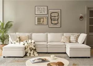 HULALA HOME 127'' Modular Sectional Sofa, Oversized U Shaped Couch with Storage Ottoman, Extra Deep Seat, Modern Comfy Chenille Sofa with Chaise, 6 Seat Convertible Couches for Living Room, Beige