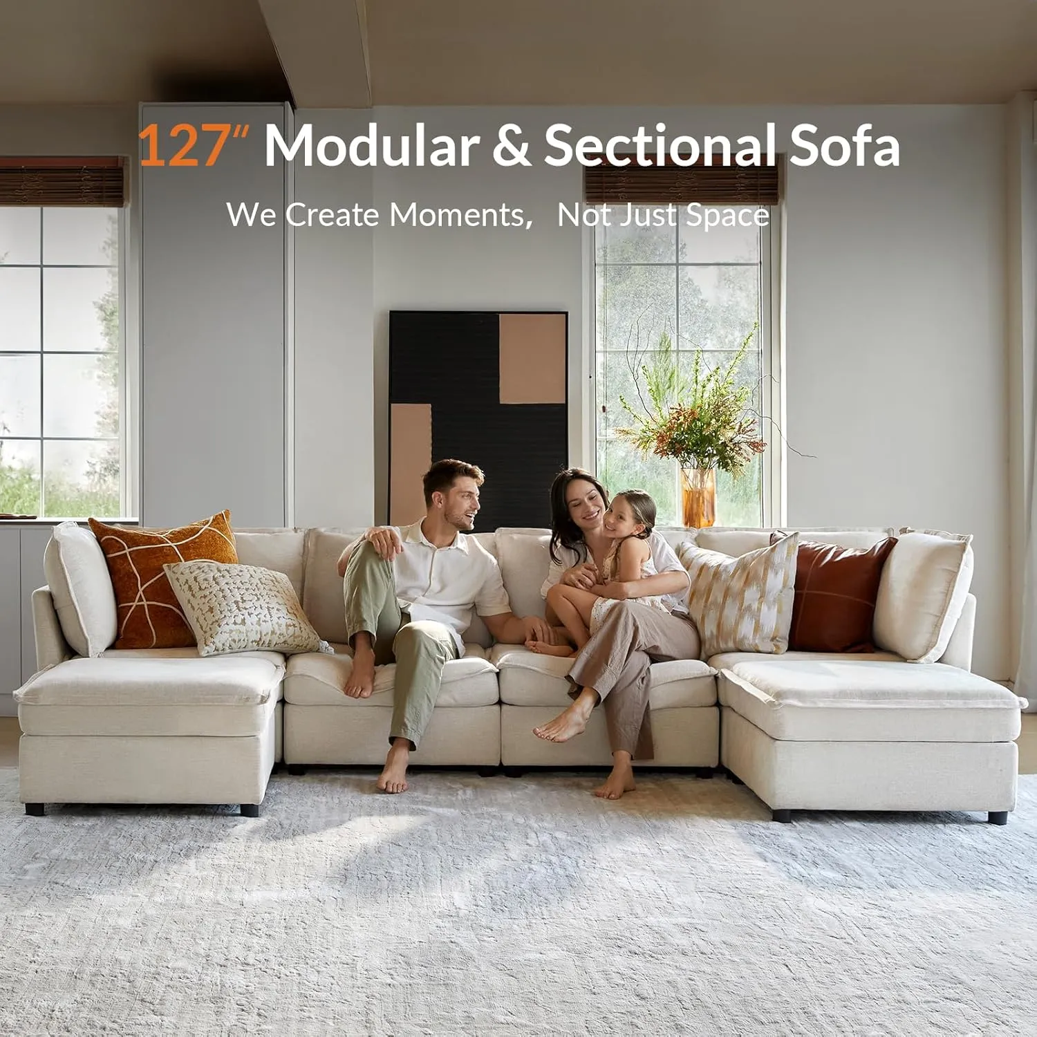 HULALA HOME 127'' Modular Sectional Sofa, Oversized U Shaped Couch with Storage Ottoman, Extra Deep Seat, Modern Comfy Chenille Sofa with Chaise, 6 Seat Convertible Couches for Living Room, Beige