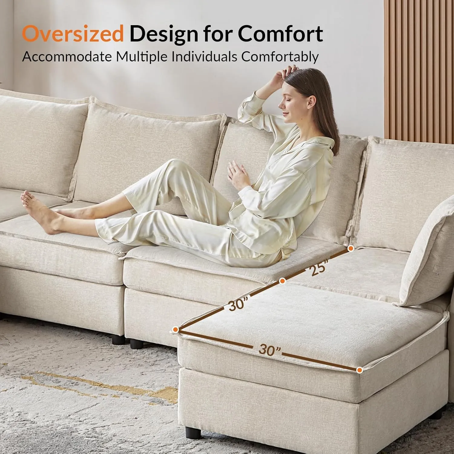 HULALA HOME 127'' Modular Sectional Sofa, Oversized U Shaped Couch with Storage Ottoman, Extra Deep Seat, Modern Comfy Chenille Sofa with Chaise, 6 Seat Convertible Couches for Living Room, Beige