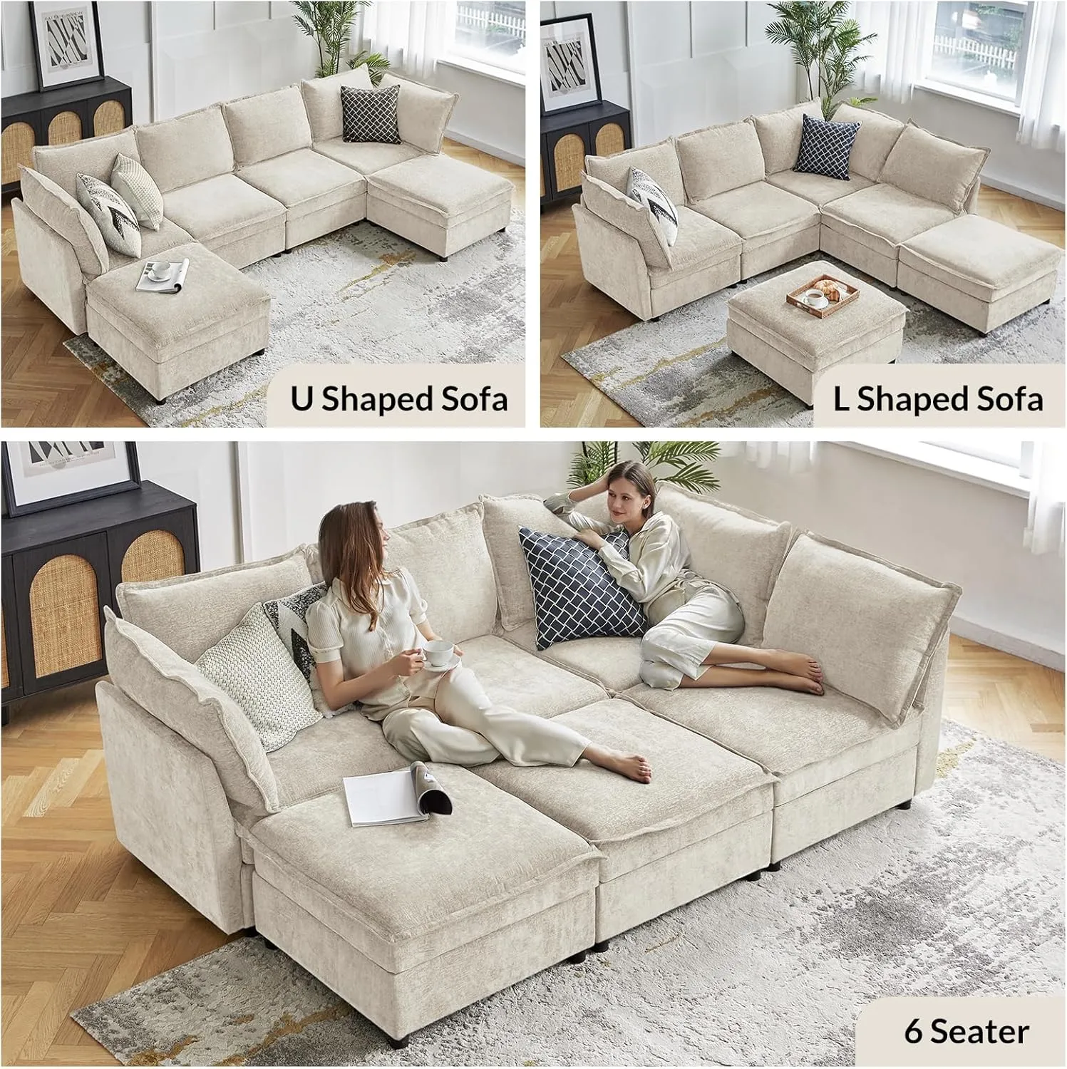 HULALA HOME 127'' Modular Sectional Sofa, Oversized U Shaped Couch with Storage Ottoman, Extra Deep Seat, Modern Comfy Chenille Sofa with Chaise, 6 Seat Convertible Couches for Living Room, Beige
