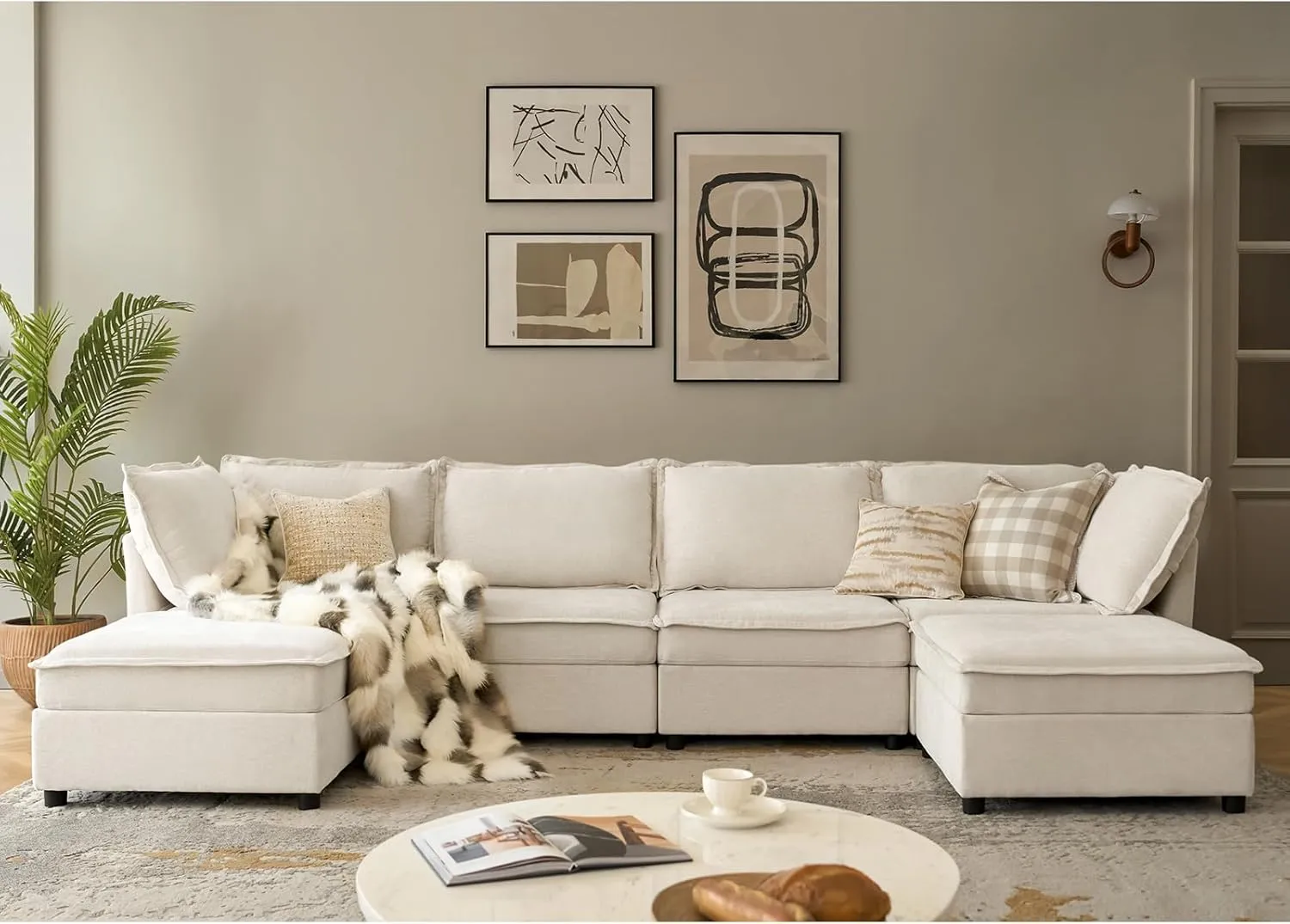 HULALA HOME 127'' Modular Sectional Sofa, Oversized U Shaped Couch with Storage Ottoman, Extra Deep Seat, Modern Comfy Chenille Sofa with Chaise, 6 Seat Convertible Couches for Living Room, Beige