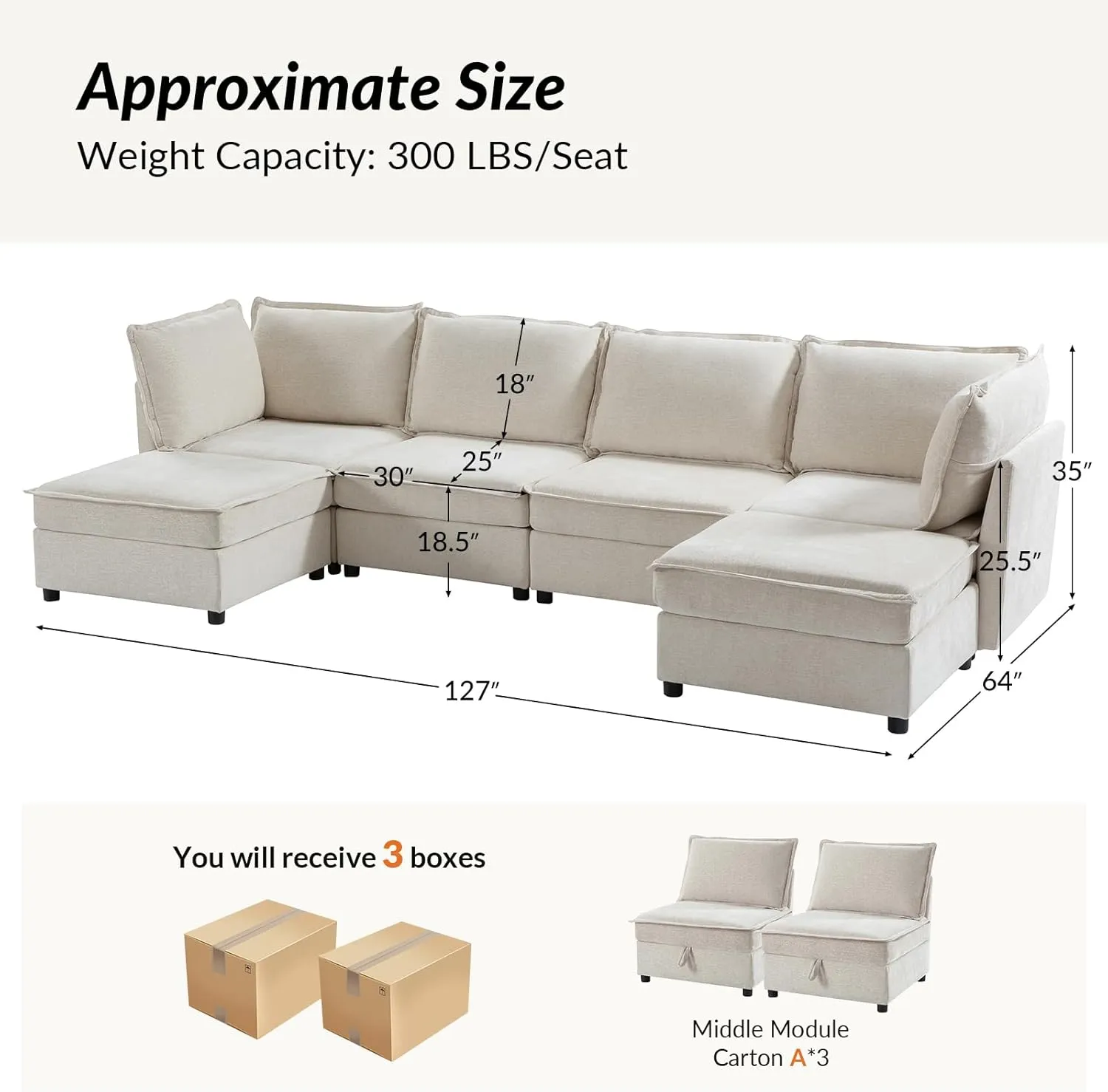 HULALA HOME 127'' Modular Sectional Sofa, Oversized U Shaped Couch with Storage Ottoman, Extra Deep Seat, Modern Comfy Chenille Sofa with Chaise, 6 Seat Convertible Couches for Living Room, Beige