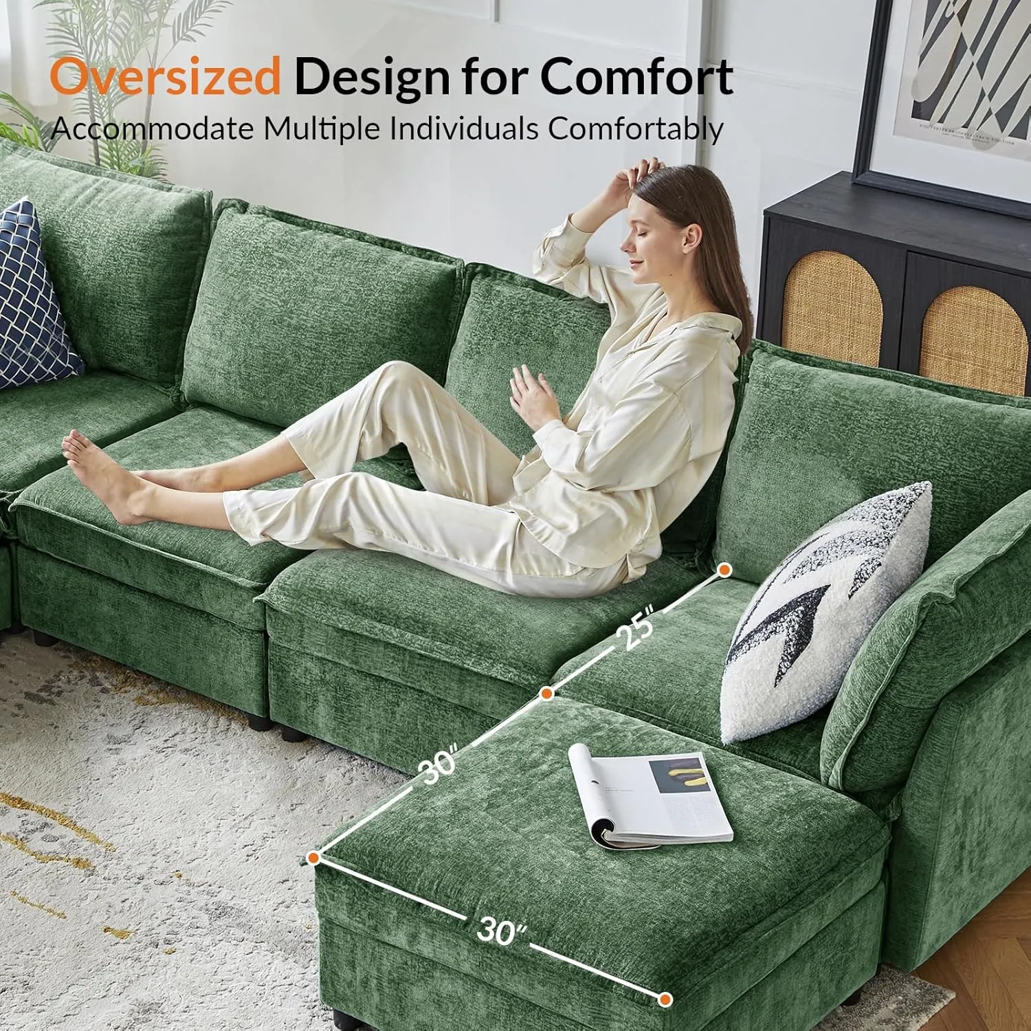 HULALA HOME 127'' Modular Sectional Sofa, Oversized U Shaped Couch with Storage Ottoman, Extra Deep Seat, Modern Comfy Chenille Sofa with Chaise, 6 Seat Convertible Couches for Living Room, Green