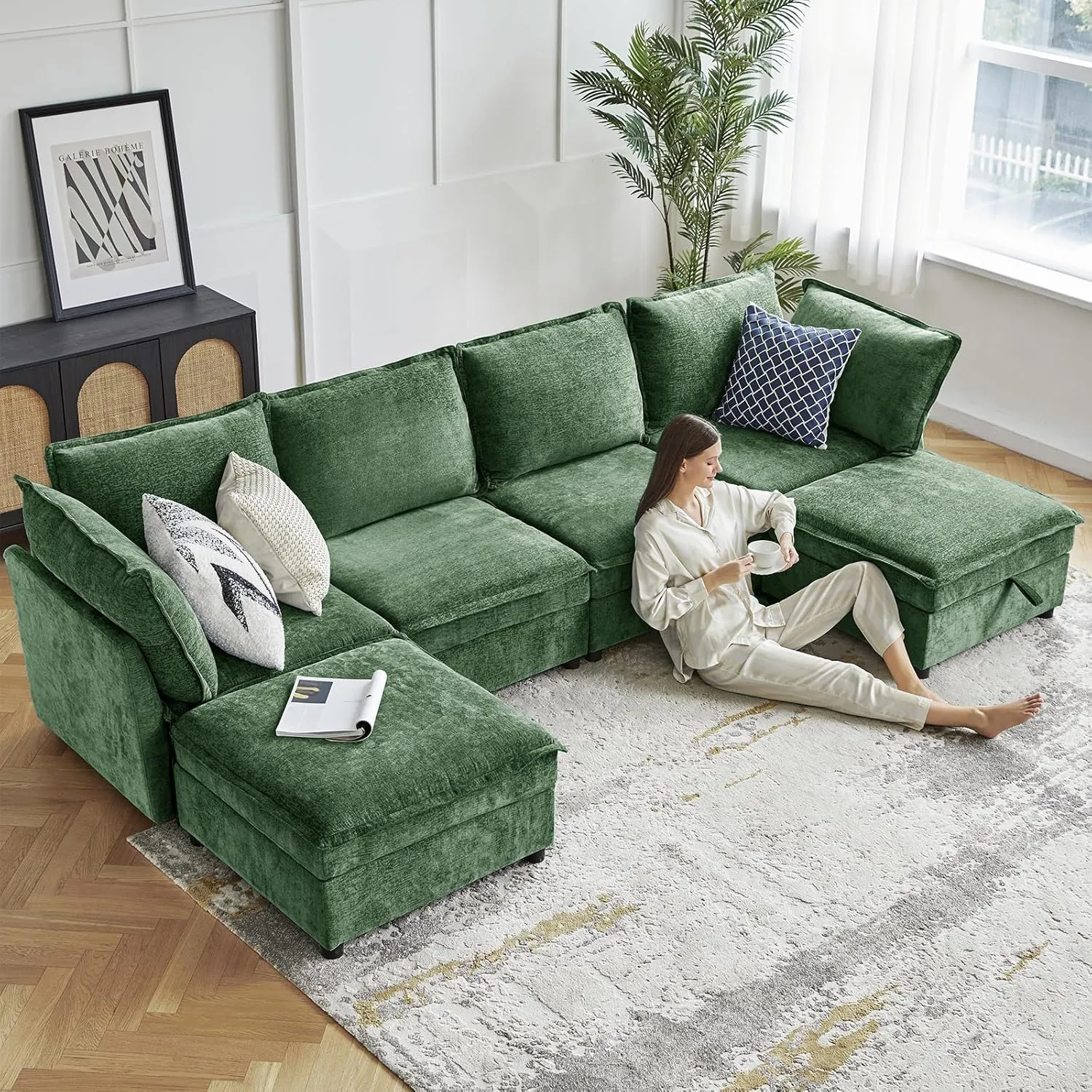 HULALA HOME 127'' Modular Sectional Sofa, Oversized U Shaped Couch with Storage Ottoman, Extra Deep Seat, Modern Comfy Chenille Sofa with Chaise, 6 Seat Convertible Couches for Living Room, Green