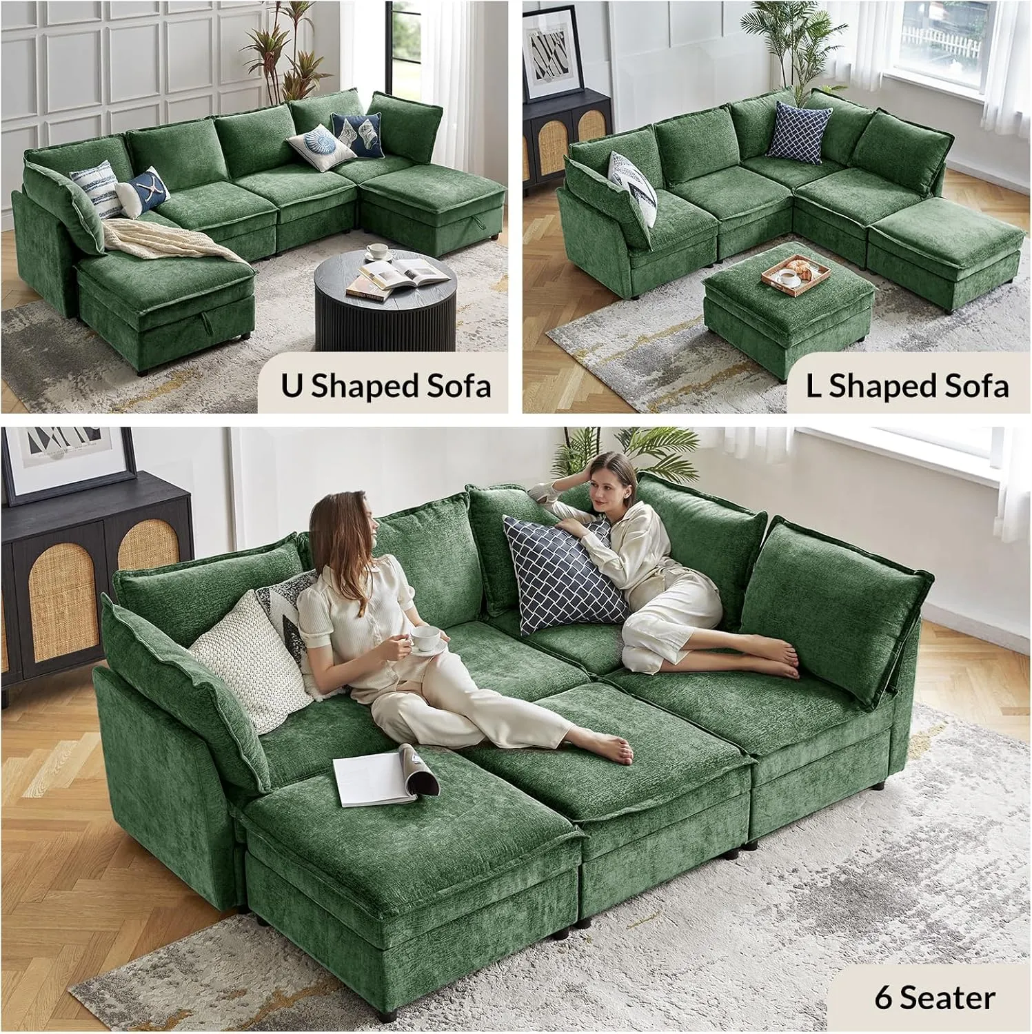 HULALA HOME 127'' Modular Sectional Sofa, Oversized U Shaped Couch with Storage Ottoman, Extra Deep Seat, Modern Comfy Chenille Sofa with Chaise, 6 Seat Convertible Couches for Living Room, Green