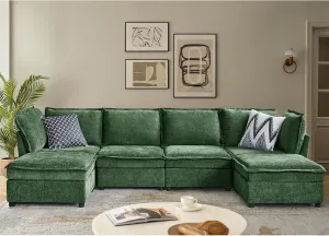 HULALA HOME 127'' Modular Sectional Sofa, Oversized U Shaped Couch with Storage Ottoman, Extra Deep Seat, Modern Comfy Chenille Sofa with Chaise, 6 Seat Convertible Couches for Living Room, Green