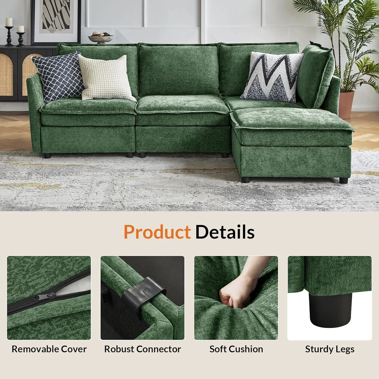 HULALA HOME 127'' Modular Sectional Sofa, Oversized U Shaped Couch with Storage Ottoman, Extra Deep Seat, Modern Comfy Chenille Sofa with Chaise, 6 Seat Convertible Couches for Living Room, Green