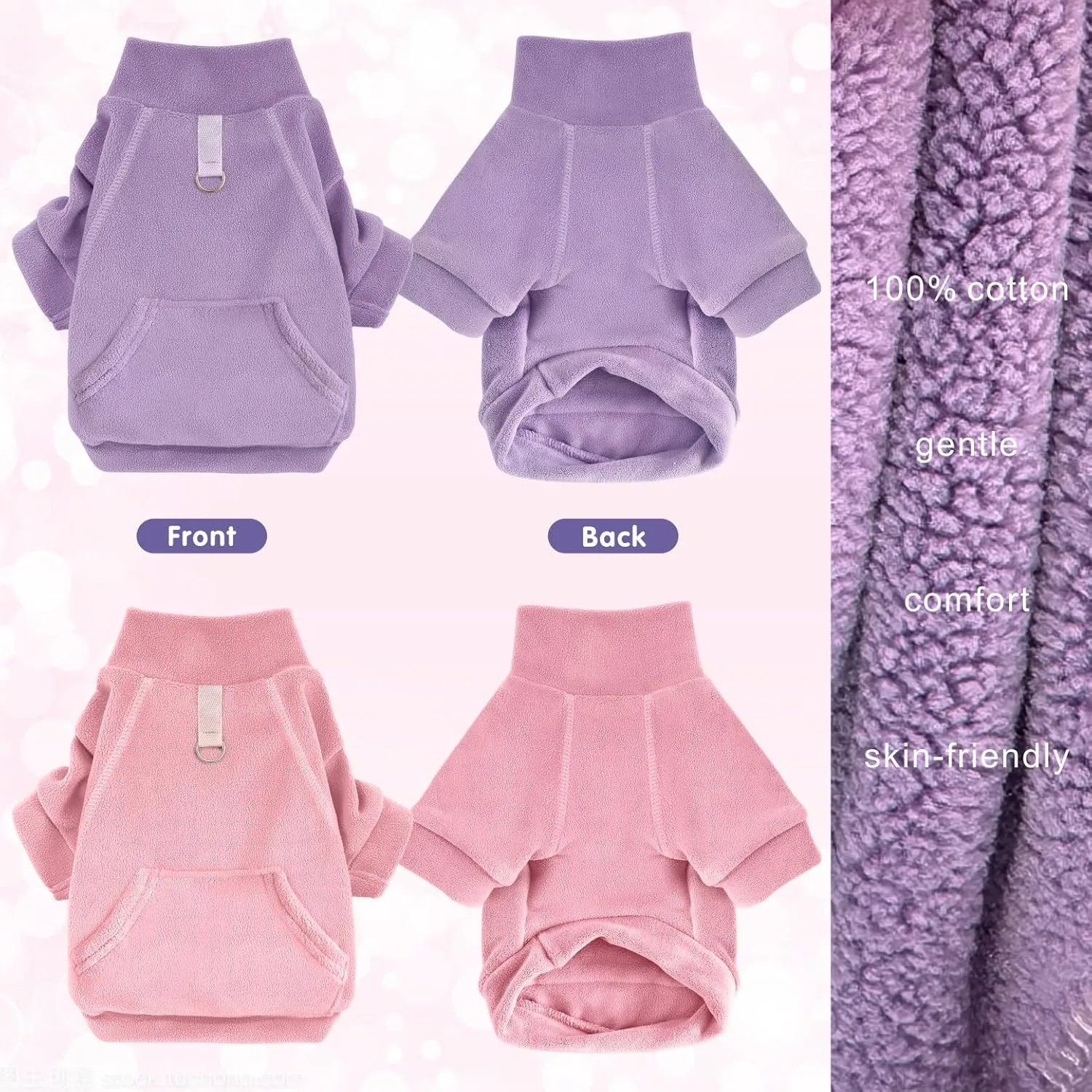 Idepet Fleece Dog Sweater 2 Pack, Winter Dog Clothes Turtleneck Sweatshirt Cat Apparel with Leash Ring, Pink, Purple, Large