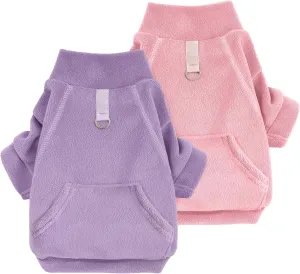 Idepet Fleece Dog Sweater 2 Pack, Winter Dog Clothes Turtleneck Sweatshirt Cat Apparel with Leash Ring, Pink, Purple, Large