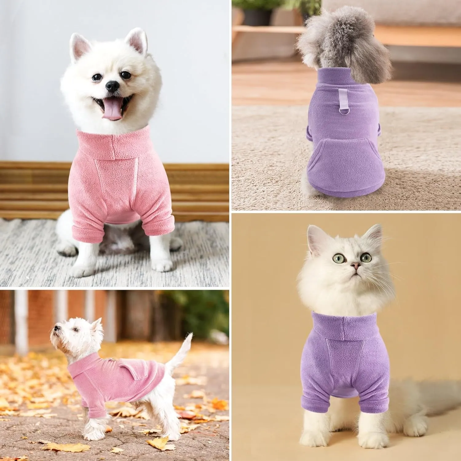 Idepet Fleece Dog Sweater 2 Pack, Winter Dog Clothes Turtleneck Sweatshirt Cat Apparel with Leash Ring, Pink, Purple, Large