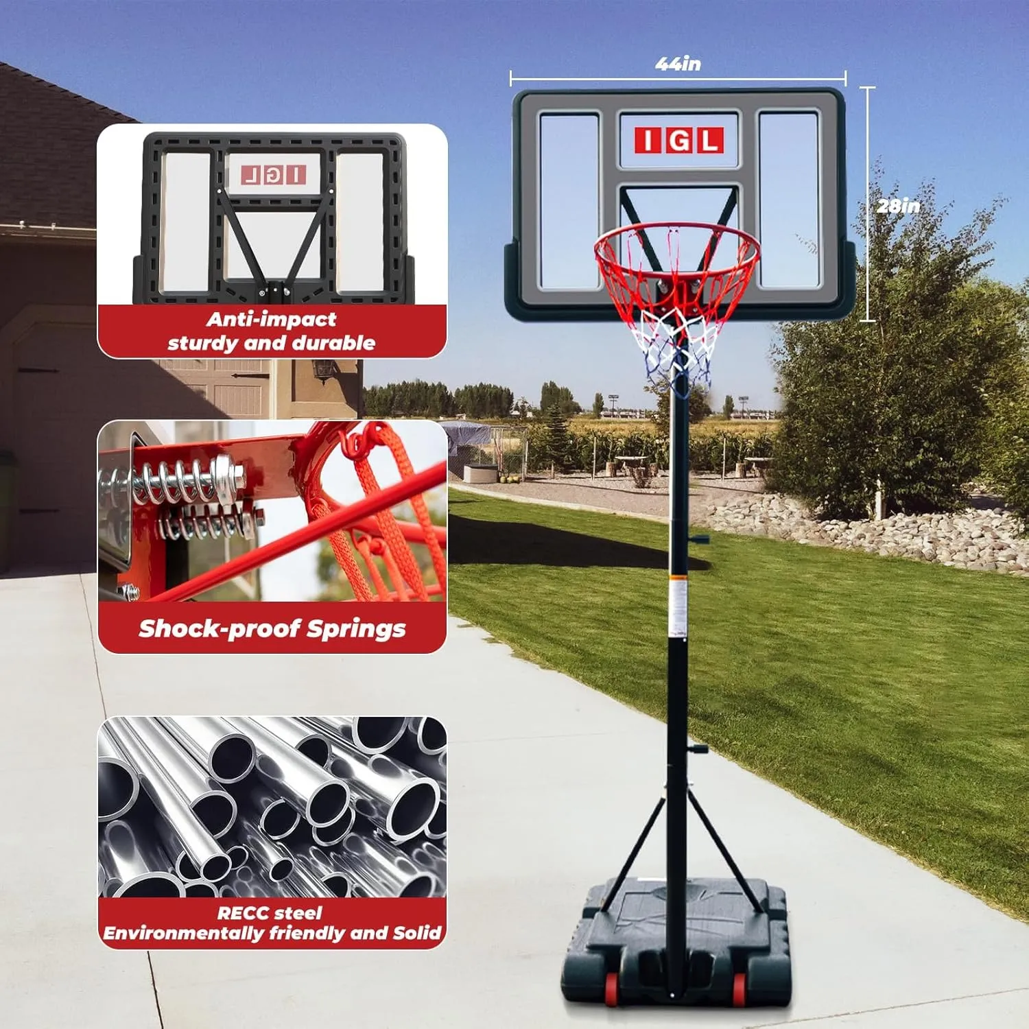 IGL Portable Basketball Hoop, 5.6-10FT Adjustable Basketball Goal System, 44 Inch Outdoor Basketball Hoop & Goals for Kids, Youth, and Adults in The Backyard, Driveway with PC Backboard