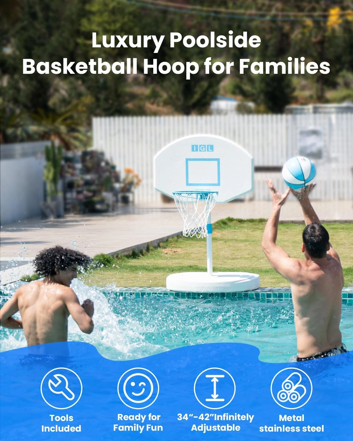 IGL DunkSplash Elite Pool Basketball Hoop, Swimming Pool Basketball Hoop Poolside with PC Backboard, Stainless Steel Rim, Water Storage Base & Stand with 2 Balls & Pump