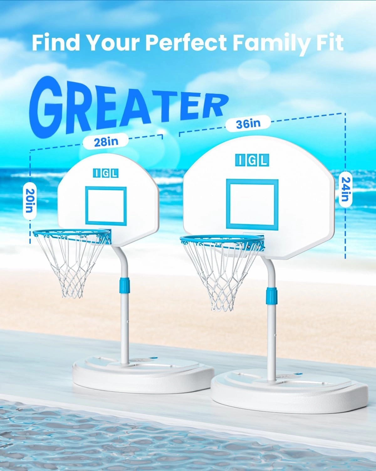 IGL DunkSplash Elite Pool Basketball Hoop, Swimming Pool Basketball Hoop Poolside with PC Backboard, Stainless Steel Rim, Water Storage Base & Stand with 2 Balls & Pump