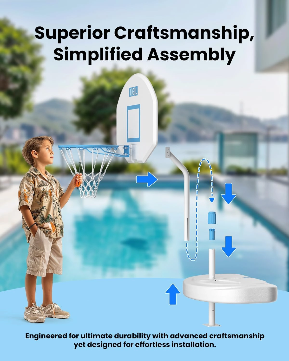 IGL DunkSplash Elite Pool Basketball Hoop, Swimming Pool Basketball Hoop Poolside with PC Backboard, Stainless Steel Rim, Water Storage Base & Stand with 2 Balls & Pump