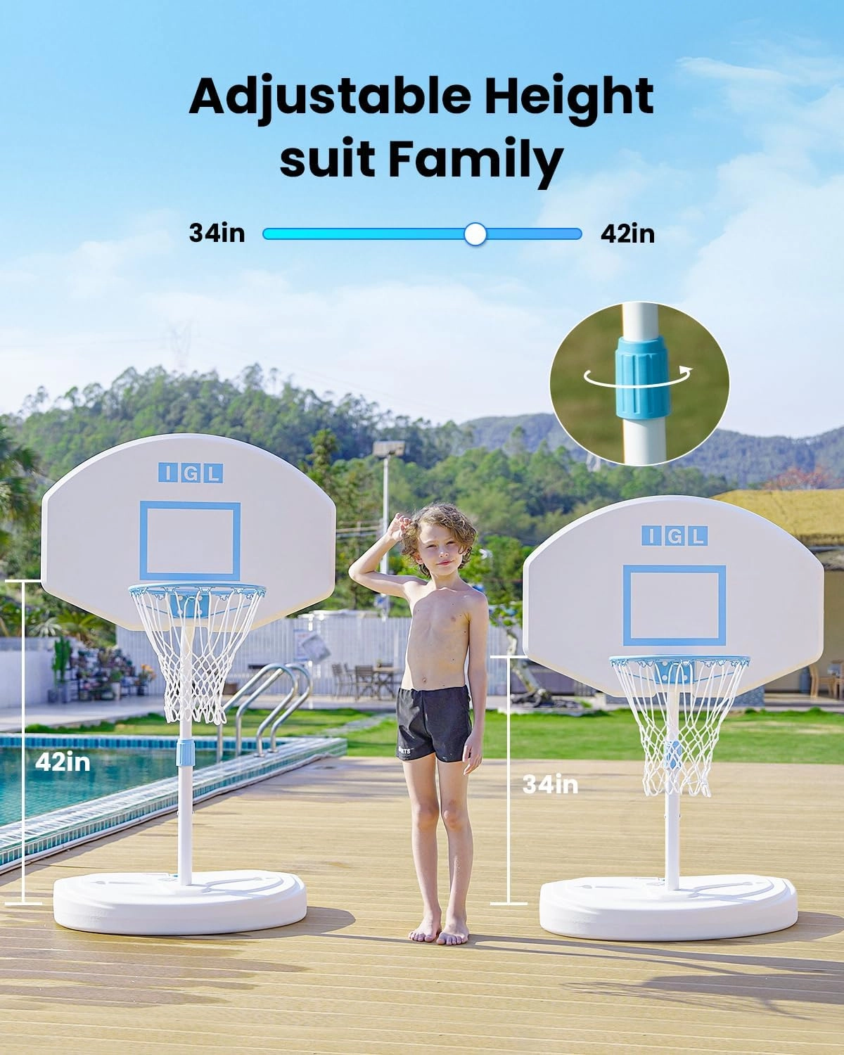 IGL DunkSplash Elite Pool Basketball Hoop, Swimming Pool Basketball Hoop Poolside with PC Backboard, Stainless Steel Rim, Water Storage Base & Stand with 2 Balls & Pump