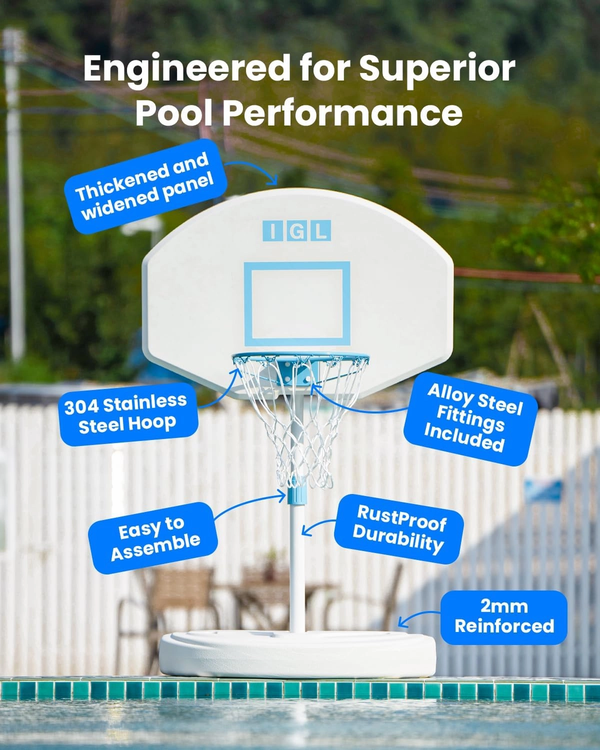 IGL DunkSplash Elite Pool Basketball Hoop, Swimming Pool Basketball Hoop Poolside with PC Backboard, Stainless Steel Rim, Water Storage Base & Stand with 2 Balls & Pump
