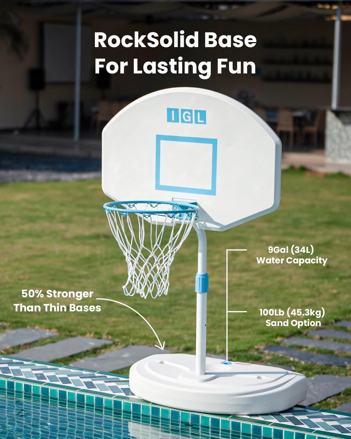 IGL DunkSplash Elite Pool Basketball Hoop, Swimming Pool Basketball Hoop Poolside with PC Backboard, Stainless Steel Rim, Water Storage Base & Stand with 2 Balls & Pump