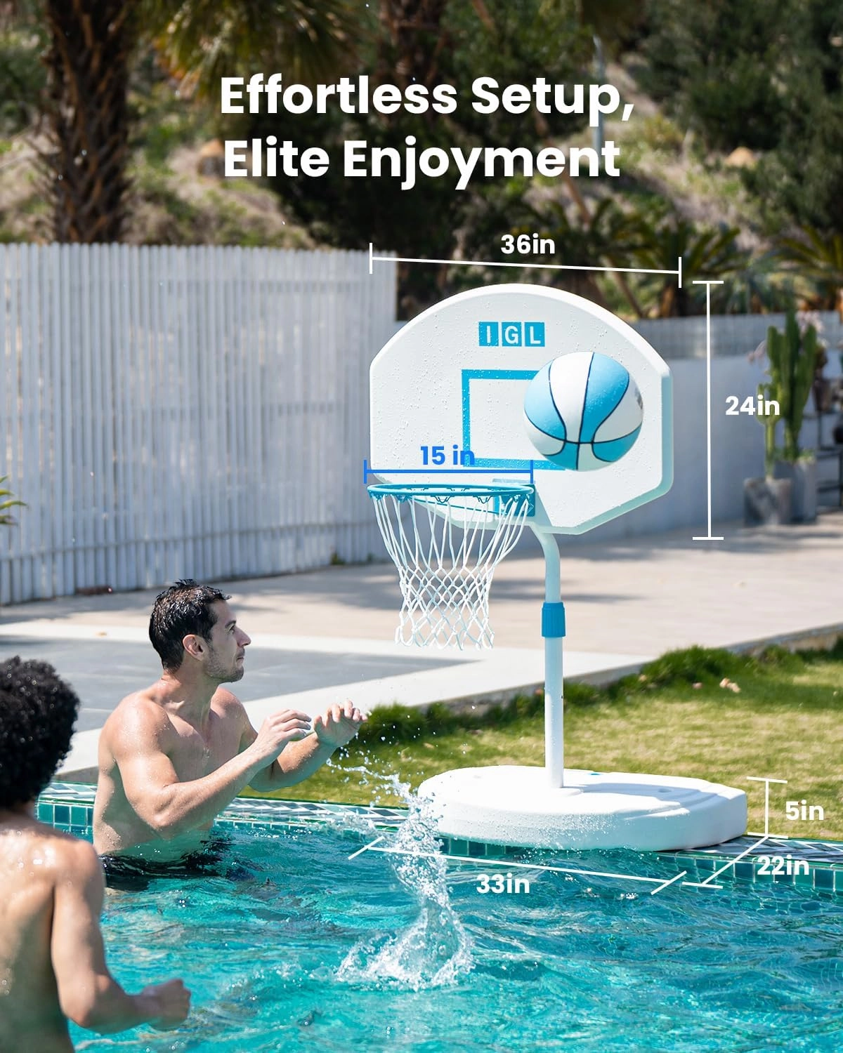 IGL DunkSplash Elite Pool Basketball Hoop, Swimming Pool Basketball Hoop Poolside with PC Backboard, Stainless Steel Rim, Water Storage Base & Stand with 2 Balls & Pump