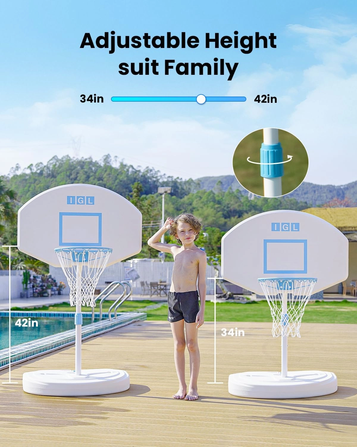 IGL DunkSplash Elite Pool Basketball Hoop, Swimming Pool Basketball Hoop Poolside with PC Backboard, Stainless Steel Rim, Water Storage Base & Stand with 2 Balls & Pump