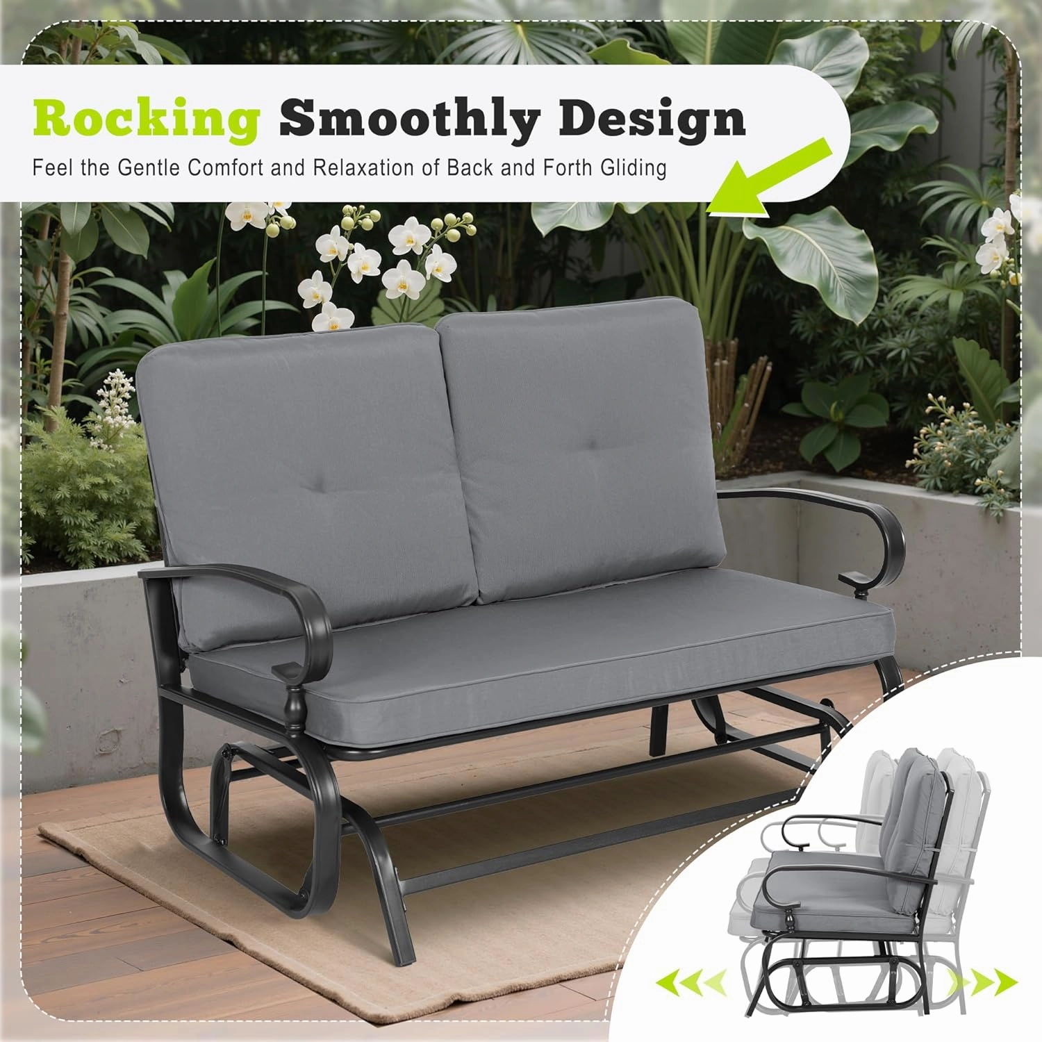 Incbruce Outdoor Textilene Glider Rocking Chair Patio Glider Bench for 2 Person, Porch Loveseat Seating Patio Steel Frame Chair Set with Cushion for Porch, Patio, Garden (Grey)