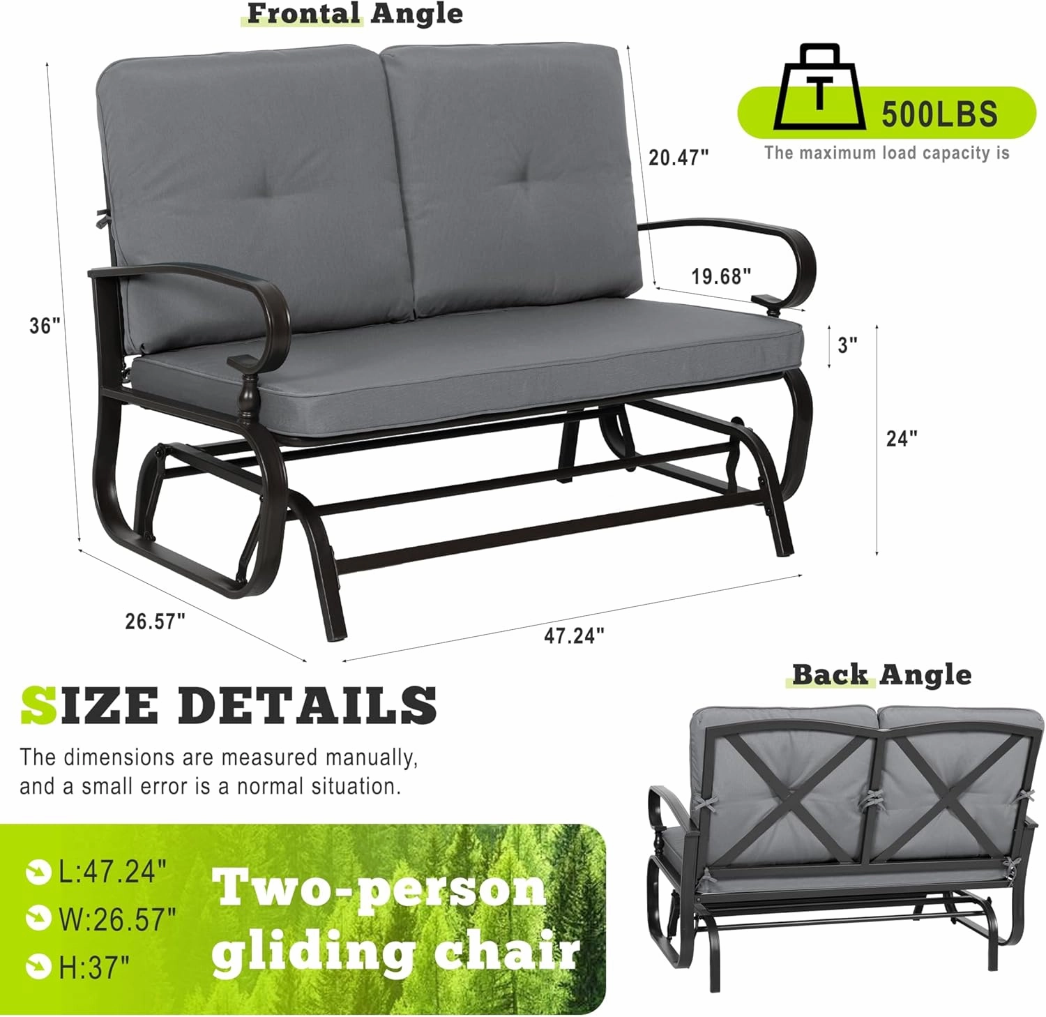 Incbruce Outdoor Textilene Glider Rocking Chair Patio Glider Bench for 2 Person, Porch Loveseat Seating Patio Steel Frame Chair Set with Cushion for Porch, Patio, Garden (Grey)