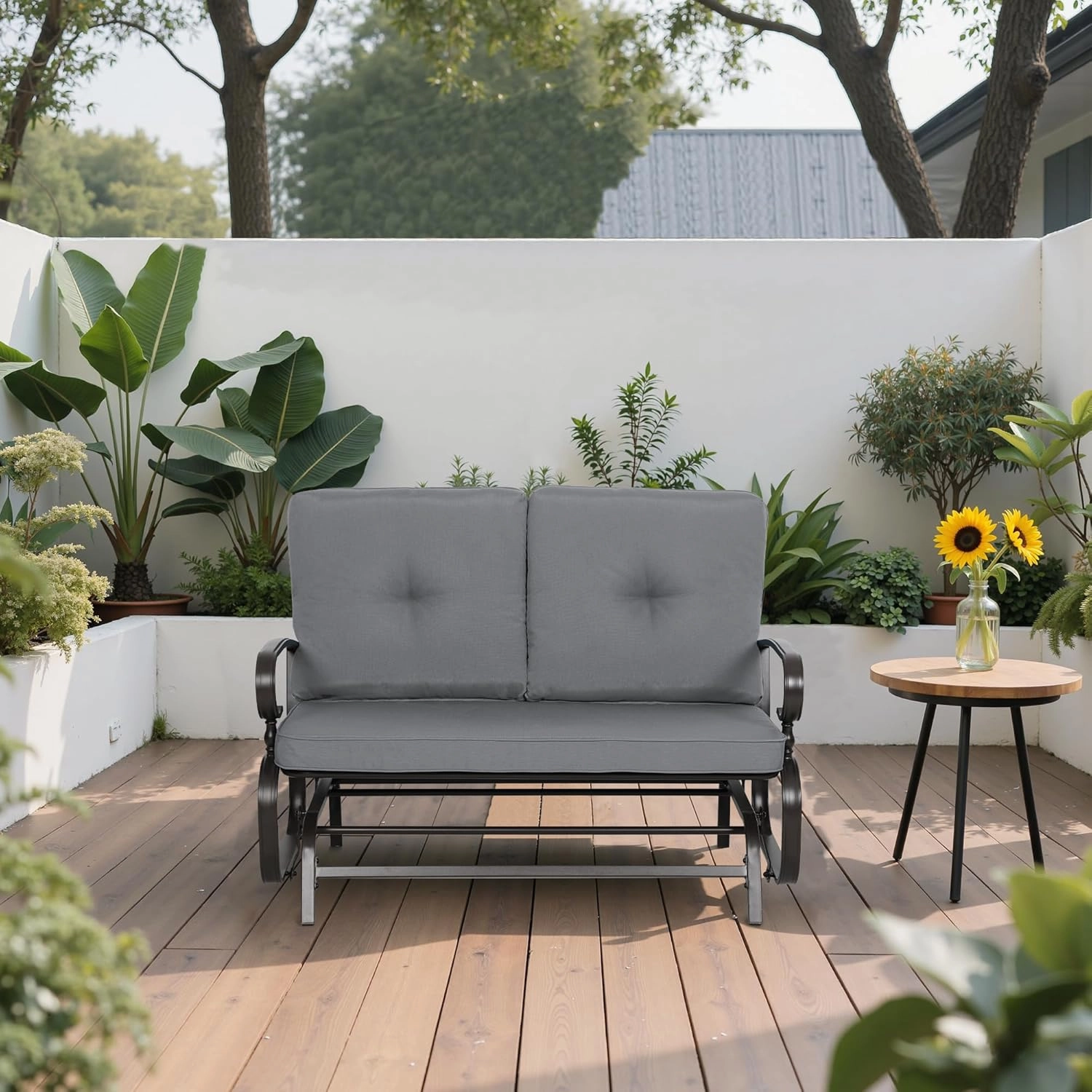Incbruce Outdoor Textilene Glider Rocking Chair Patio Glider Bench for 2 Person, Porch Loveseat Seating Patio Steel Frame Chair Set with Cushion for Porch, Patio, Garden (Grey)