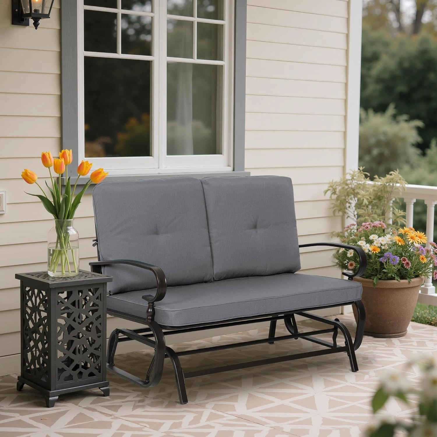 Incbruce Outdoor Textilene Glider Rocking Chair Patio Glider Bench for 2 Person, Porch Loveseat Seating Patio Steel Frame Chair Set with Cushion for Porch, Patio, Garden (Grey)