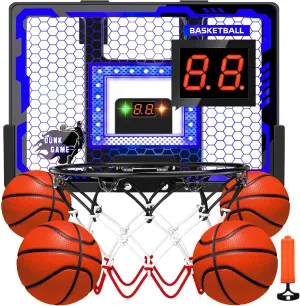 Indoor Basketball Hoop Toy for Kids - Mini Basketball Hoops with Scoreboard&4 Balls, Anti-Impact Backboard&Music Lights, Indoor Outdoor Basketball Sports Toys for Kids 4-8 8-12