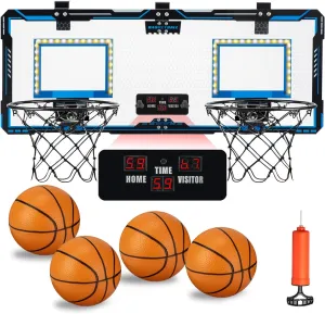Indoor Double Shot Basketball Hoop - Over-The-Door Wall Mount with LED Light & Electronic Scoreboard, Includes 4 Balls - Mini Hoop for Bedroom Play, Kids Birthday Gift