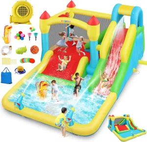 Inflatable Bounce House with 3 Slide, Bounce House for Kids Indoor Outdoor, Bouncy House with Blower, Pool, Water Cannon, Climbing Wall, Basketball Hoop, Boxing, Wet & Dry 187x133x80 Inch