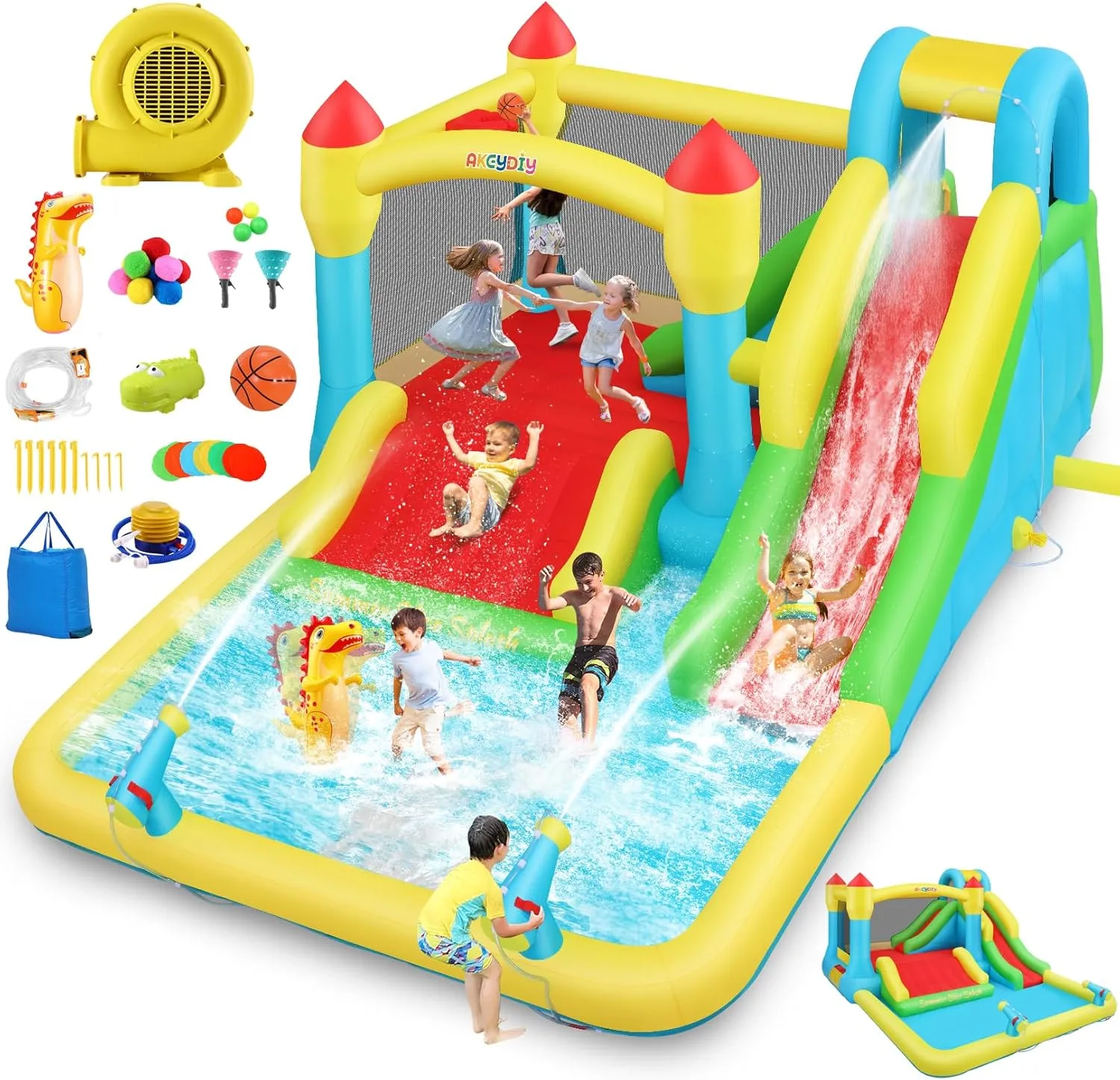 Inflatable Bounce House with 3 Slide, Bounce House for Kids Indoor Outdoor, Bouncy House with Blower, Pool, Water Cannon, Climbing Wall, Basketball Hoop, Boxing, Wet & Dry 187x133x80 Inch