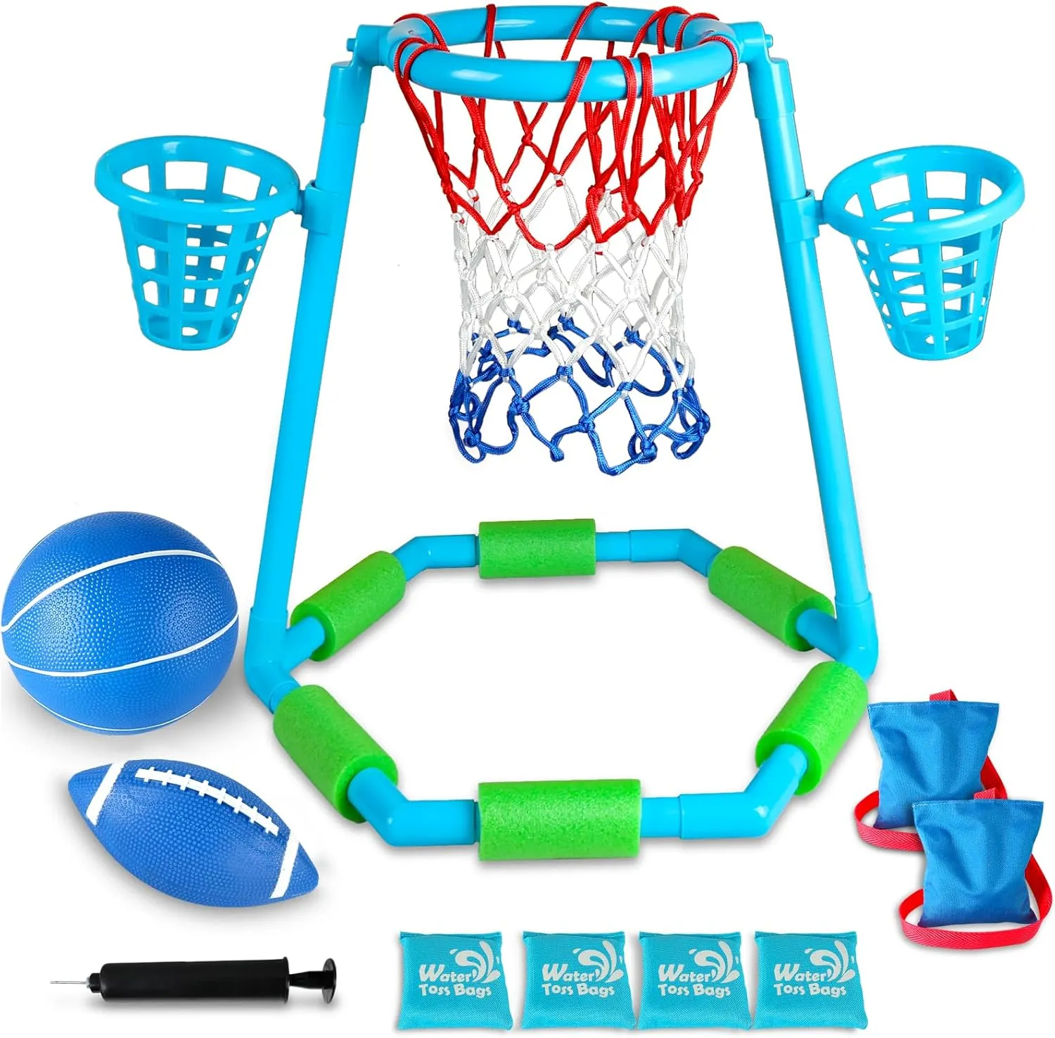 Inflatable Floating Pool Basketball Hoop Set with 2 Water Balls and Pump, Portable Water Sport Equipment for Outdoor Pool Games and Summer Activities