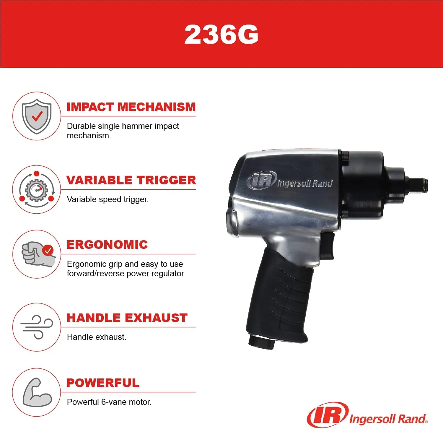 Ingersoll Rand 236G 1/2" Air Impact Wrench, 450ft-Lbs Max Torque, Pistol Grip